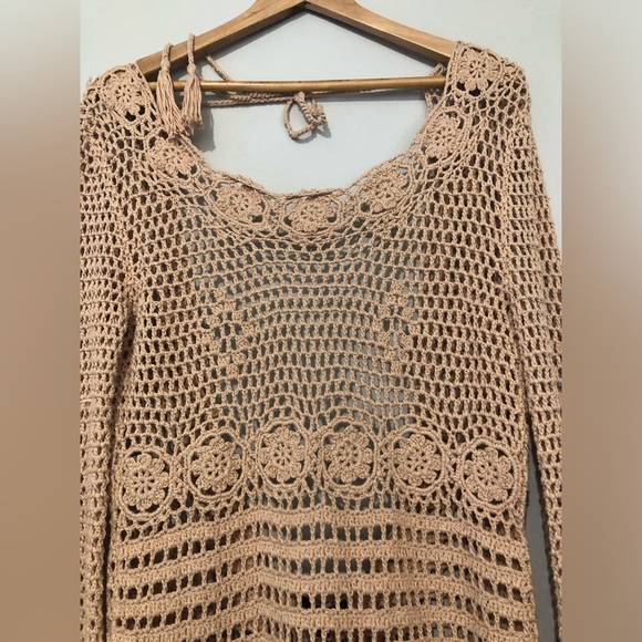 MAJORELLE Flower Crochet Knit Women’s Size Medium Tan Coverup Boho Tunic Dress - Picture 2 of 11
